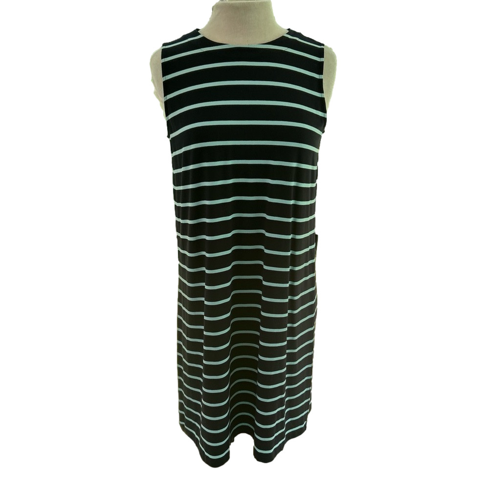 J. Jill WearEver Collection Navy Light Blue Medium Dress Striped Sleeveless EUC
